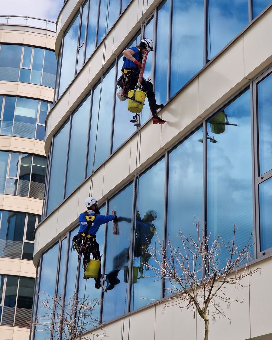 Two window cleaners on ropes washing the glass facade of a multi-storey building
